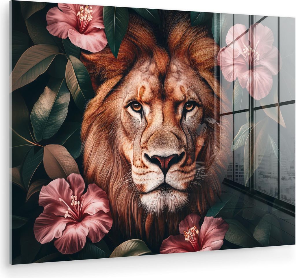 MuchoWow Glasbilder - Bilder auf Wandbild - Foto auf Glas Löwe - Rosa Blumen - Blätter - Botanisch 80x60 cm Wanddekoration aus Glas - Acrylglasbi...