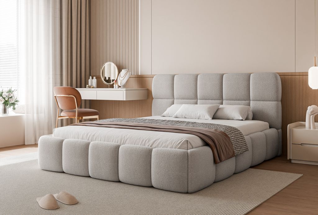 FURMEB24 Polsterbett CRYSTAL + Matratze - 200 x 200 cm - HELLGRAU Teddystoff