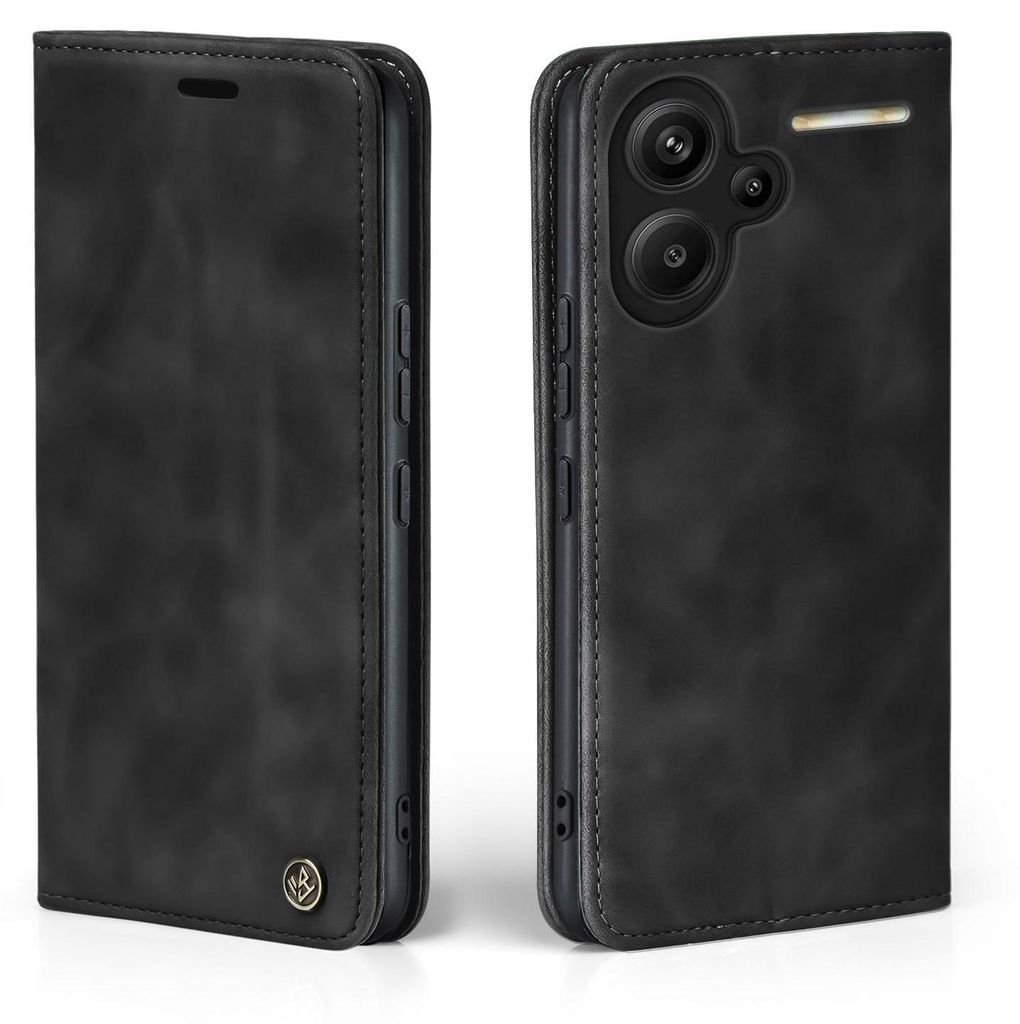 A black flip case for a smartphone is shown from two angles.