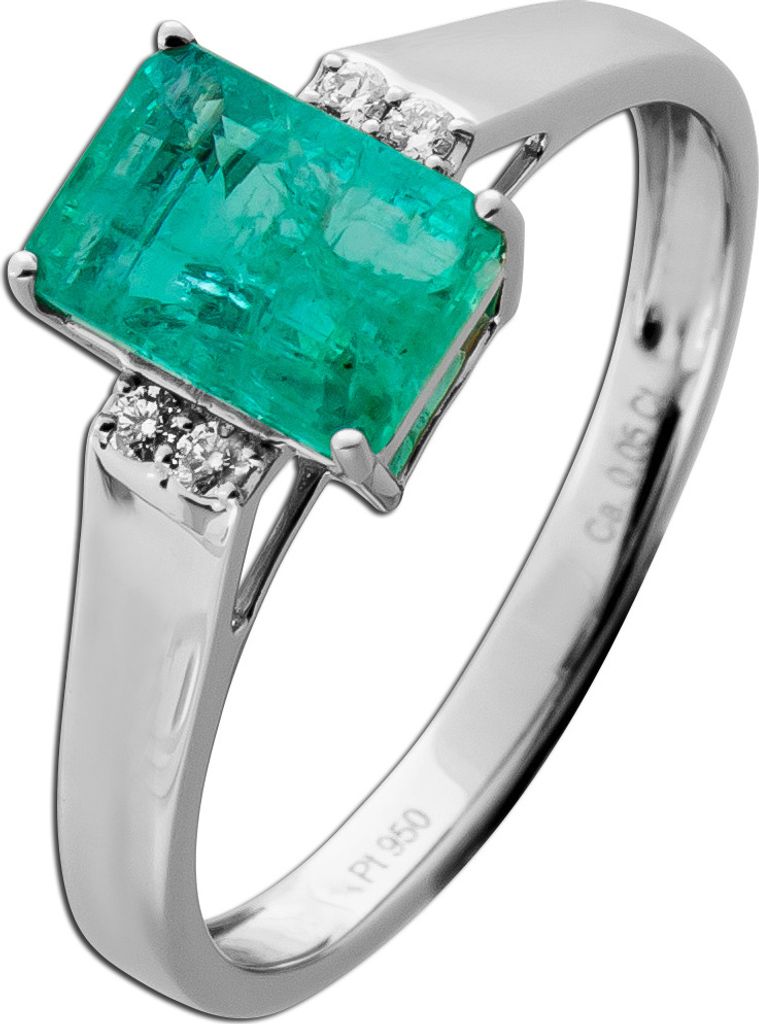 Smaragd Ring Platin 950 grüner Sambia Edelstein 1.5ct Brillanten 0.05ct 18