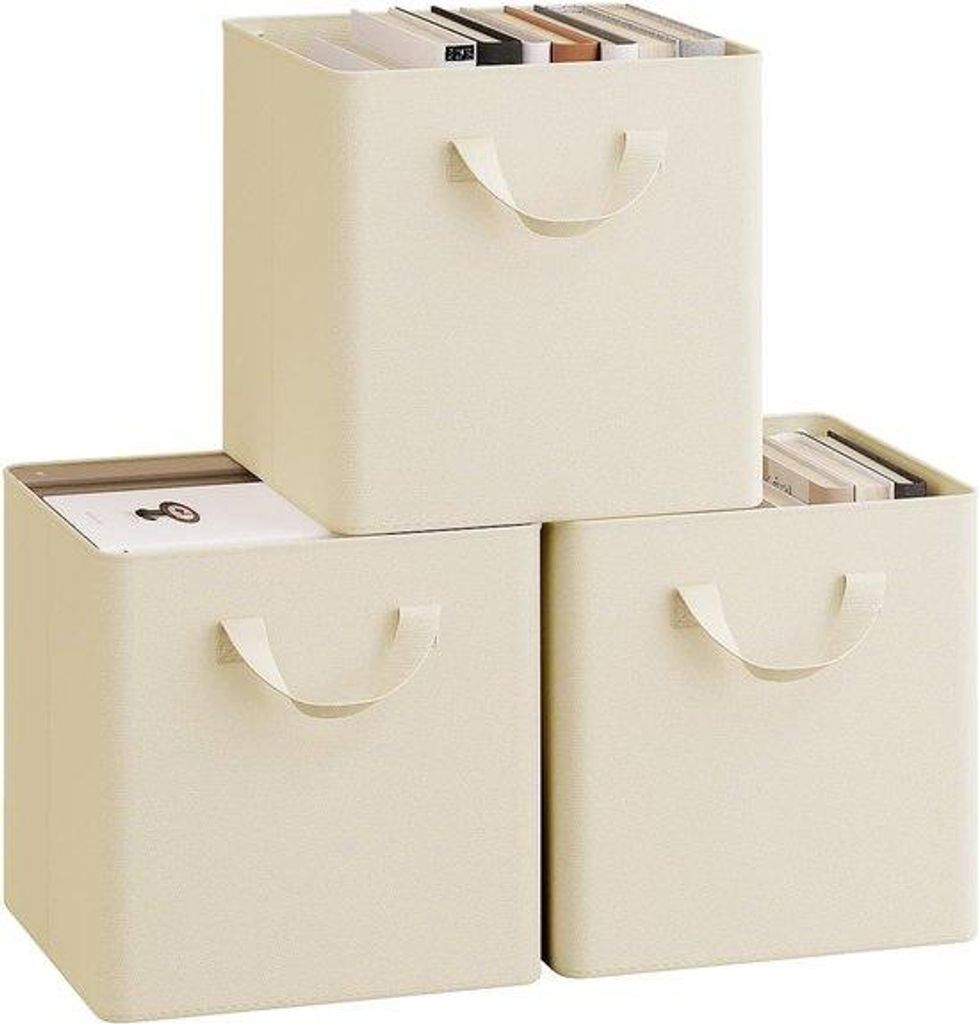 Famanu Aufbewahrungskubus - Stoffbox - Faltbare Aufbewahrungsbox - 3 Stück - Mit Handgriffen - Metallrahmen - 26 x 26,5 x 26 cm - Creme