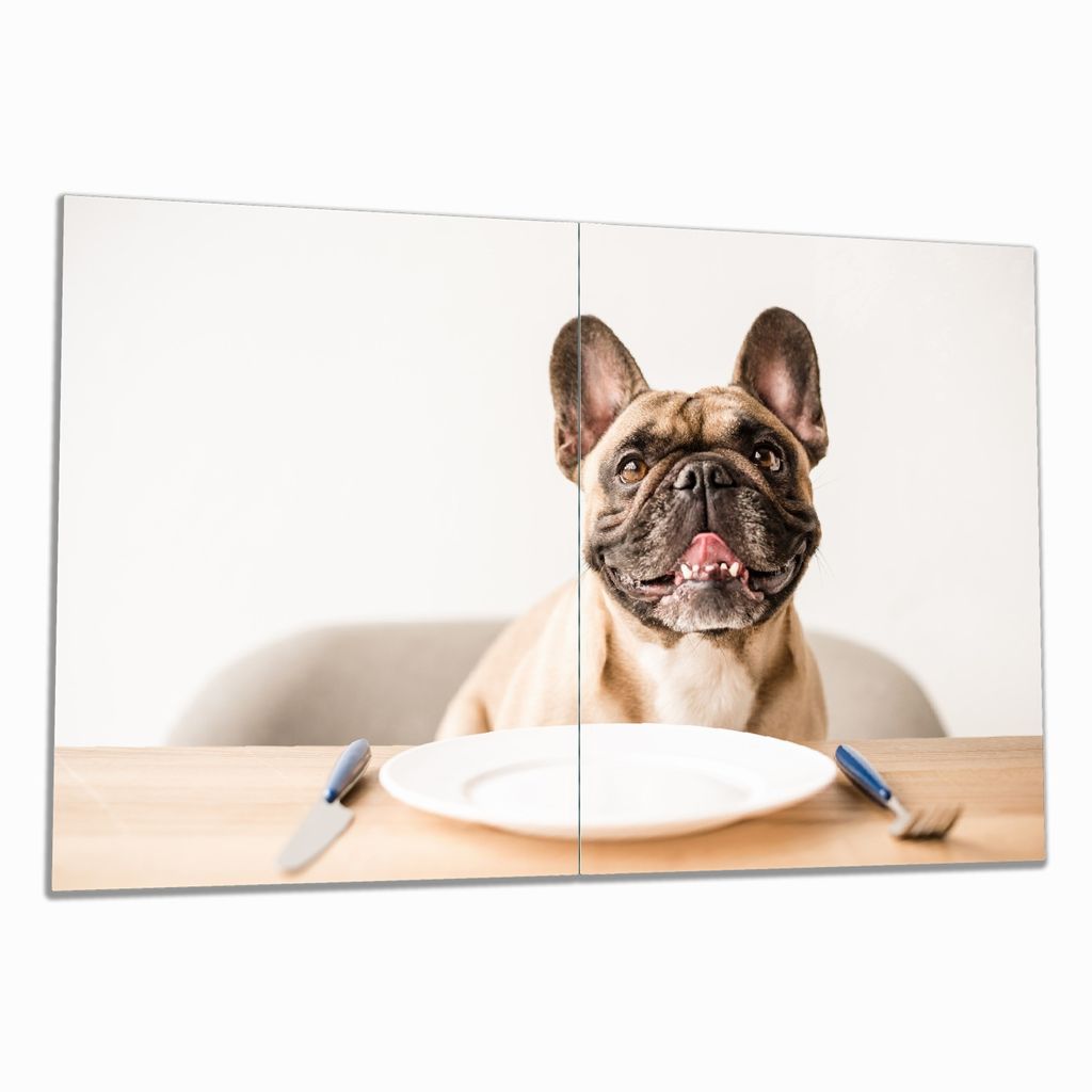 Wallario Herdabdeckplatte aus Glas, Größe 80 x 52 cm 2-teilig, Motiv Hund freut sich auf Essen