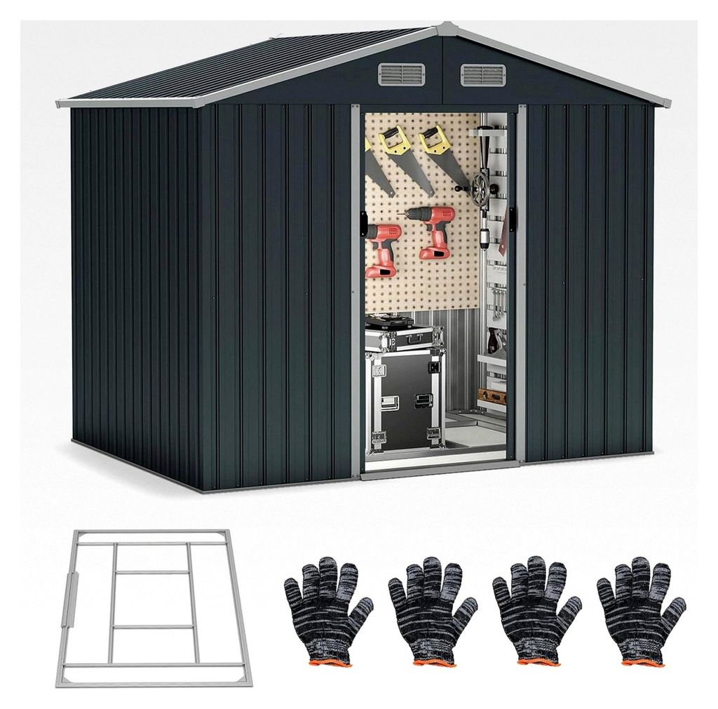 Metallgerätehaus mit Pultdach und Schiebetüren, Gartenhaus mit 4 Luftventilen und Bodenbasis, Fahrradgarage für Garten, Rasen, Terrasse, 235 x 1...