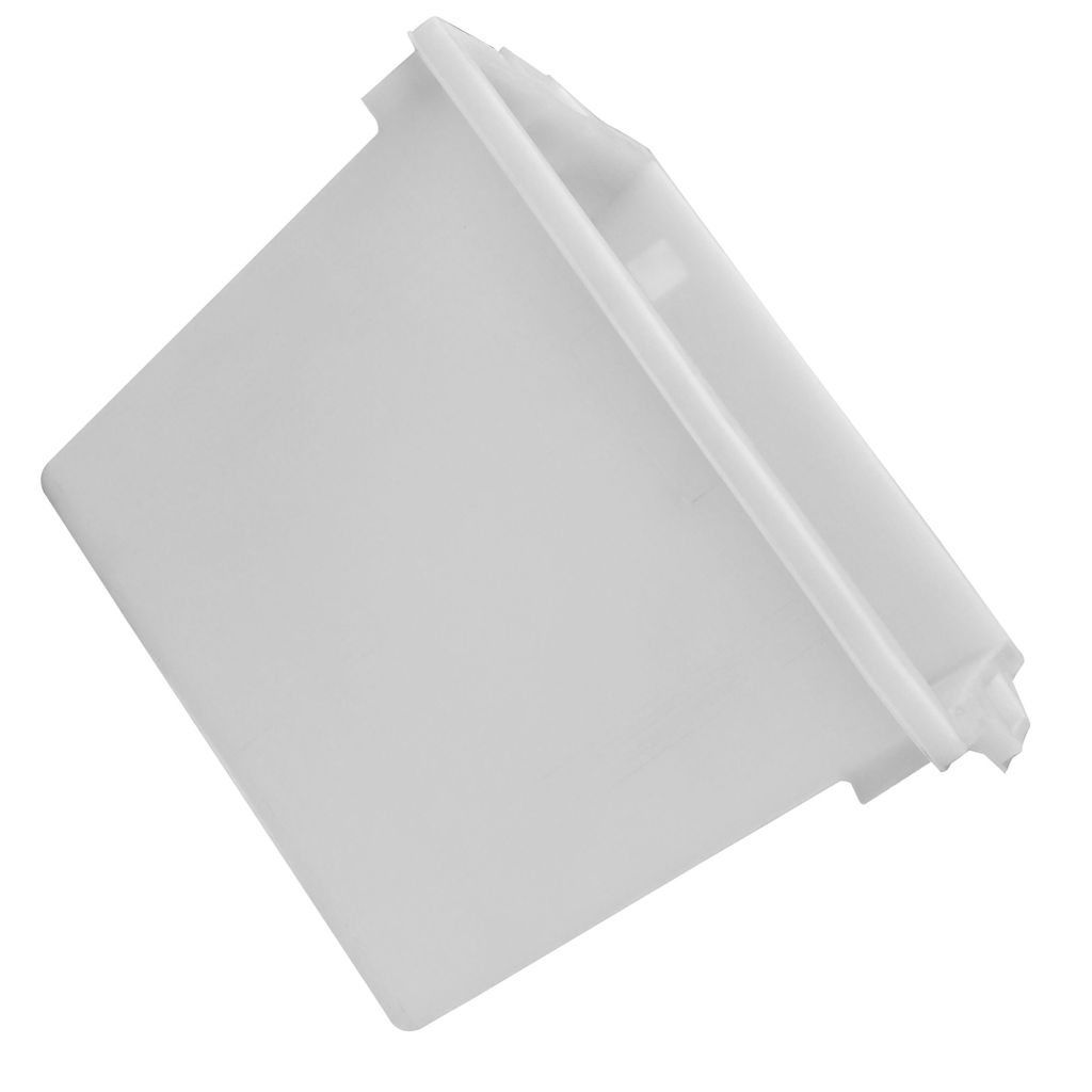 A white plastic container is shown from a high angle, isolated on a white background.