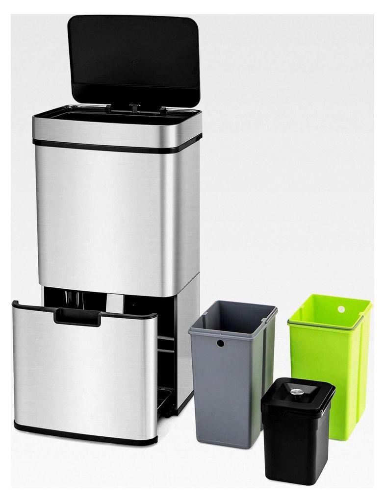 72L Mülleimer, Mülltrennsystem mit 4 Fächern, Edelstahl Abfalleimer mit Sensor für den Innenbereich, Silber