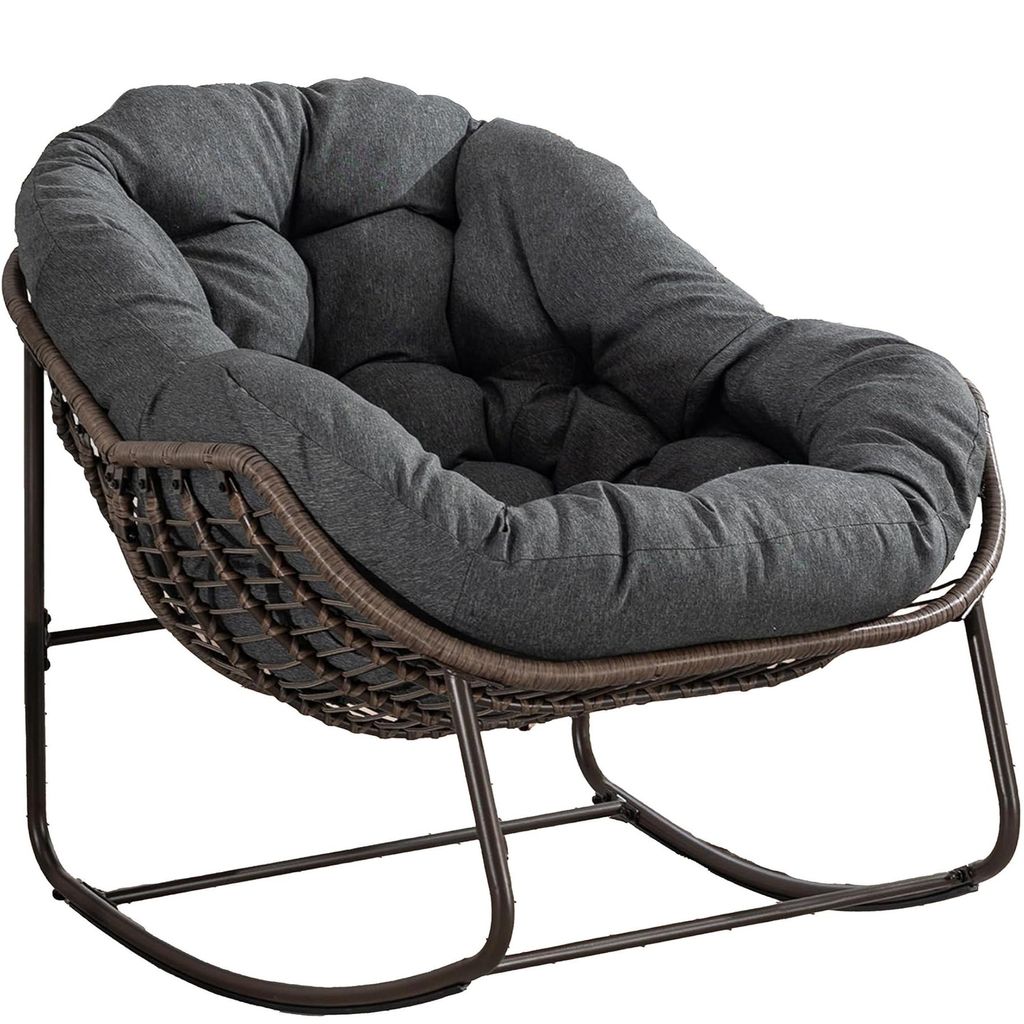 LVHOM Schaukelsessel Garten mit gepolstertem Kissen, Rattanstuhl mit Stahlrahmen, Schaukelstuhl Outdoor Loungesessel, Sessel für Balkon, Dunkelgrau