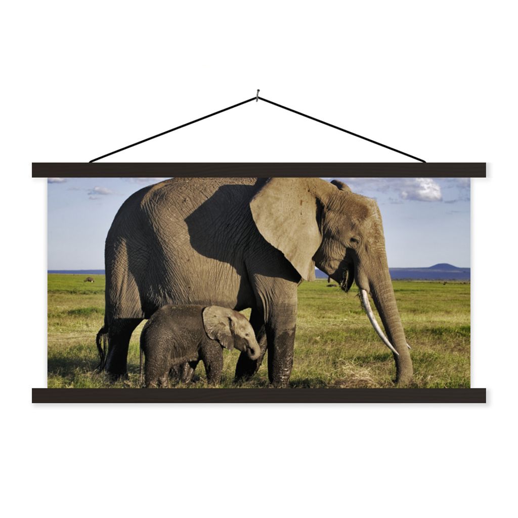 MuchoWow Textilposter Elefant - Tiere - Grasland - Grün - Grau 90x45 cm mit schwarzem Rahmen - Klemmleisten