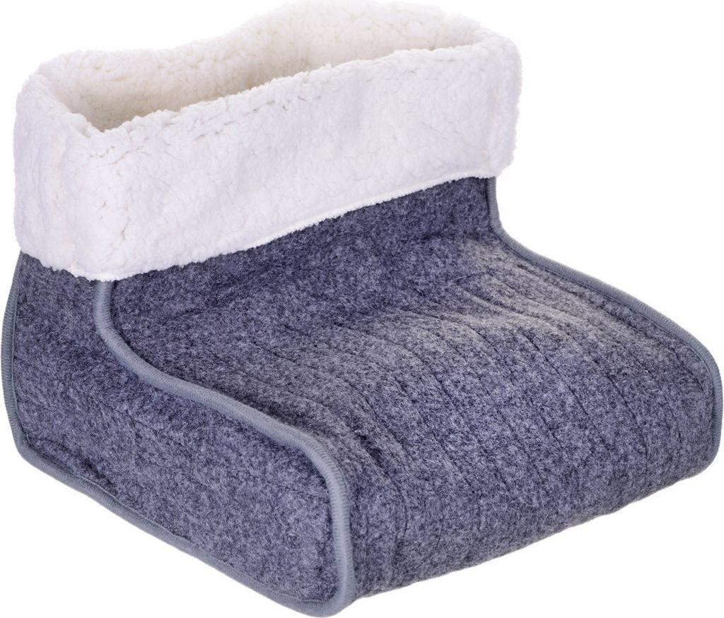 A close-up studio shot of a gray electric foot warmer with a white fluffy lining.