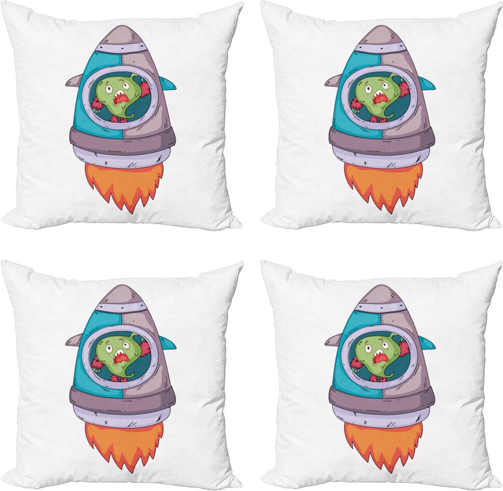 ABAKUHAUS Außerirdischer Kissenbezug Set (4 Stück), Monster Rakete Raumfahrt, Moderner Doppelseitiger Digitaldruck, 50 cm x 50 cm, weiß Multicolor