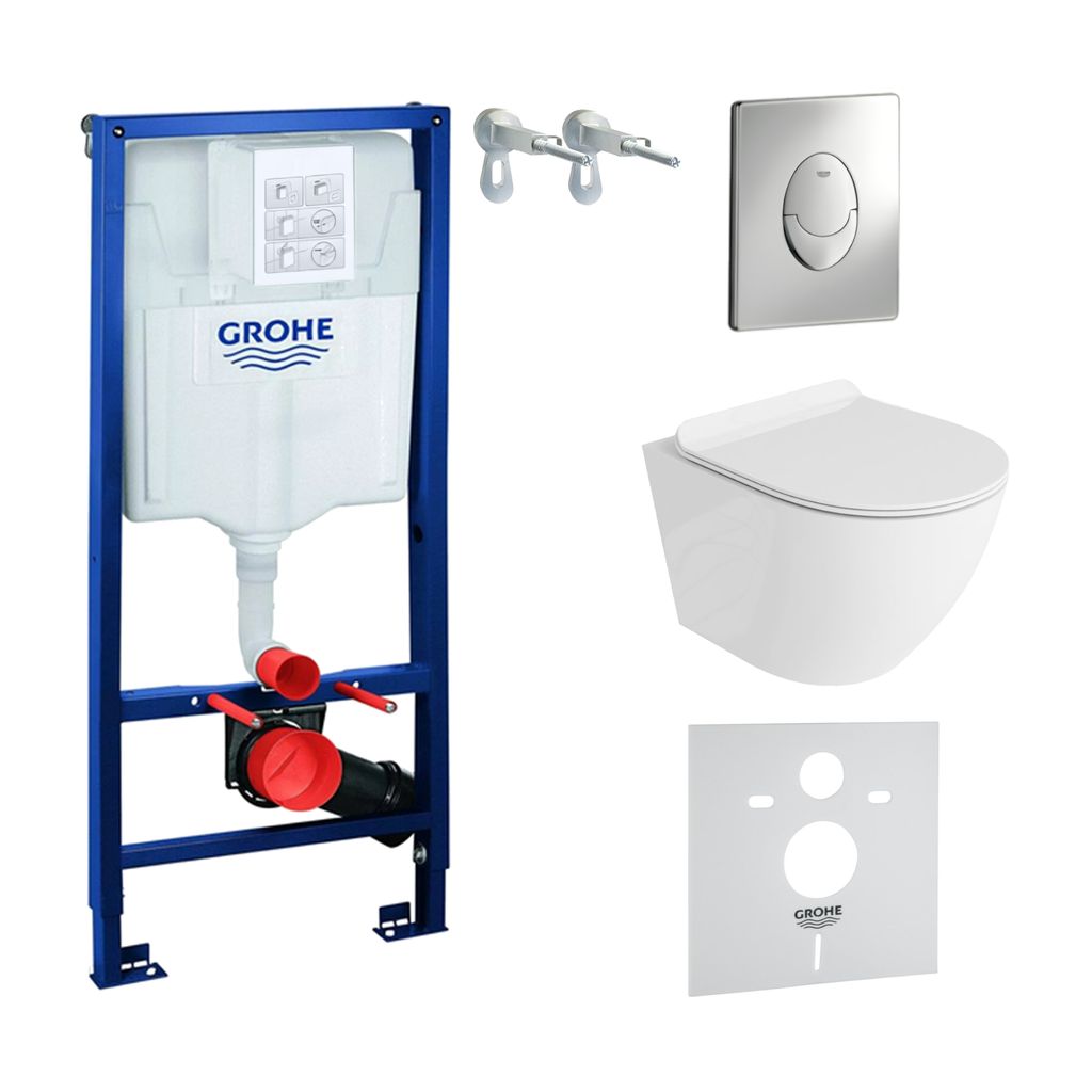 GROHE Vorwandelement Solido Start + Wand Hänge WC Sofi Slim Weiß Spülrandlos + WC-Sitz SoftClose | Verchromter Knopf | Komplettset | Unterputz S...