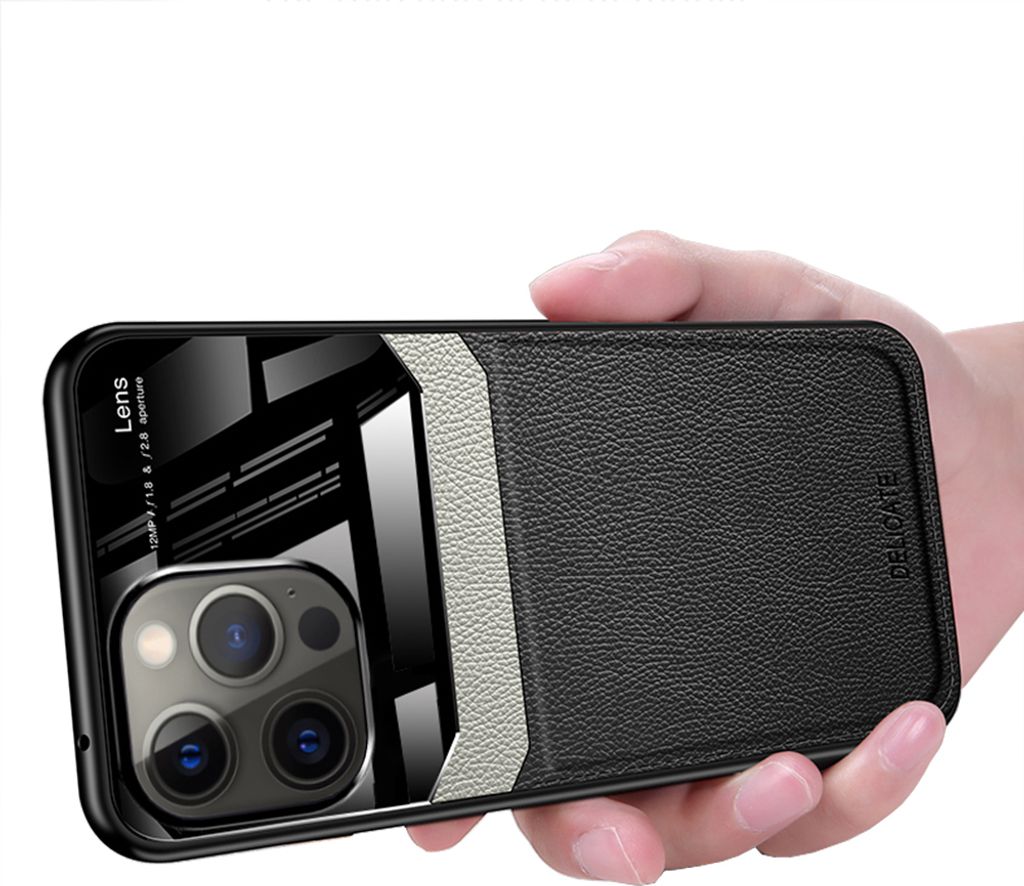 iPhone 13 Pro Hülle, TPU Stossfest Anti-rutsch Leder Glas Len Hybrid Schutzhülle für iPhone 13 Pro Schwarz