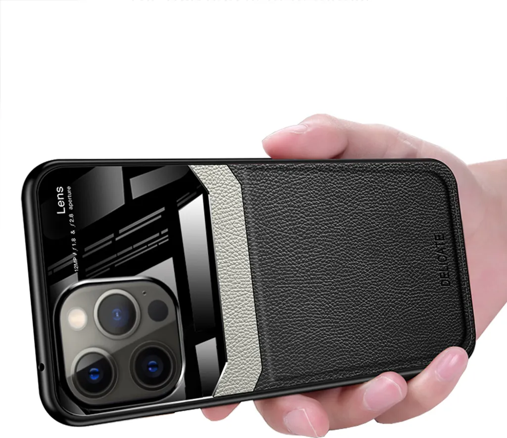 Custodia Ibrida iPhone 13 Pro Max: TPU, Pelle Litchi e Vetro Camera