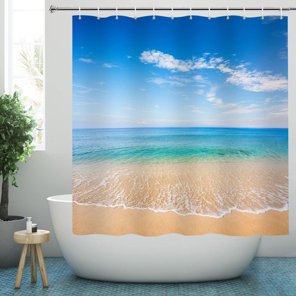 Duschvorhang mit Ozean-, Strand- und Meeresmotiv, 180 x 180 cm, blaue Wellen und Seesterne, aus Textilpolyester, schimmelresistent, mit 12 Metallri...