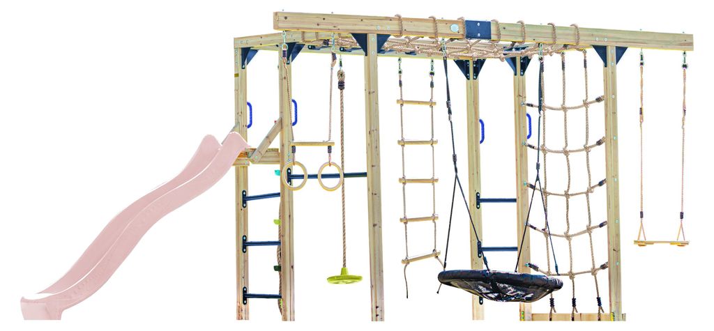 AXI Boris Klettergerüst aus Holz in Braun mit Pastellrosa Rutsche | Kletterspielplatz für Kinder mit verschiedenen Schaukeln, Trapez, Kletternetz...