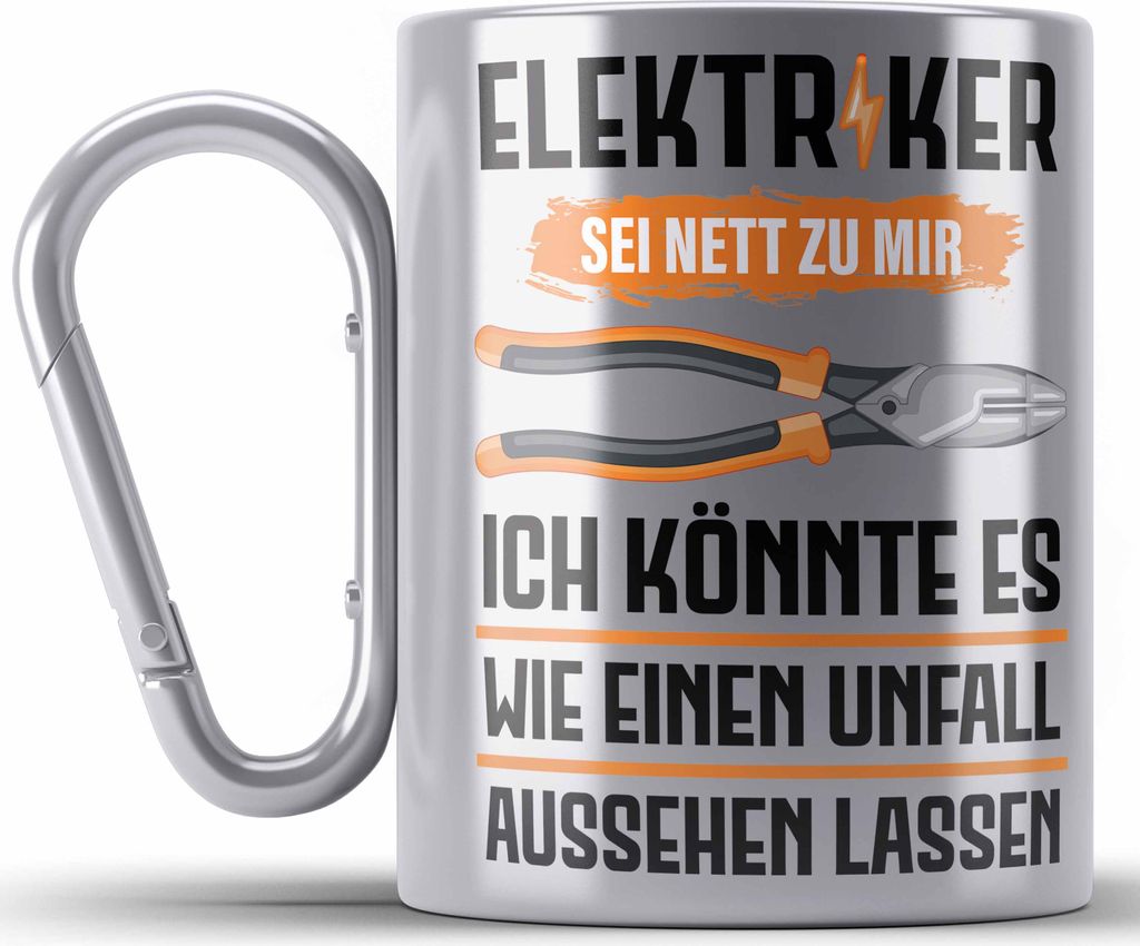 Trendation - Elektriker Edelstahl Tasse Karabiner Spruch Männer Geschenk Lustig Gadget Geschenke Kaffeebecher (Silber)