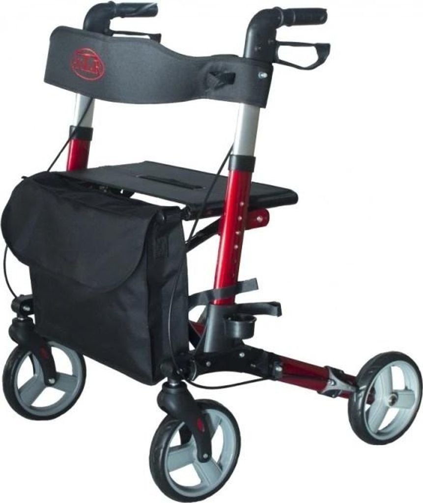 A red and black rollator walker with a black bag attached, shown against a white background.