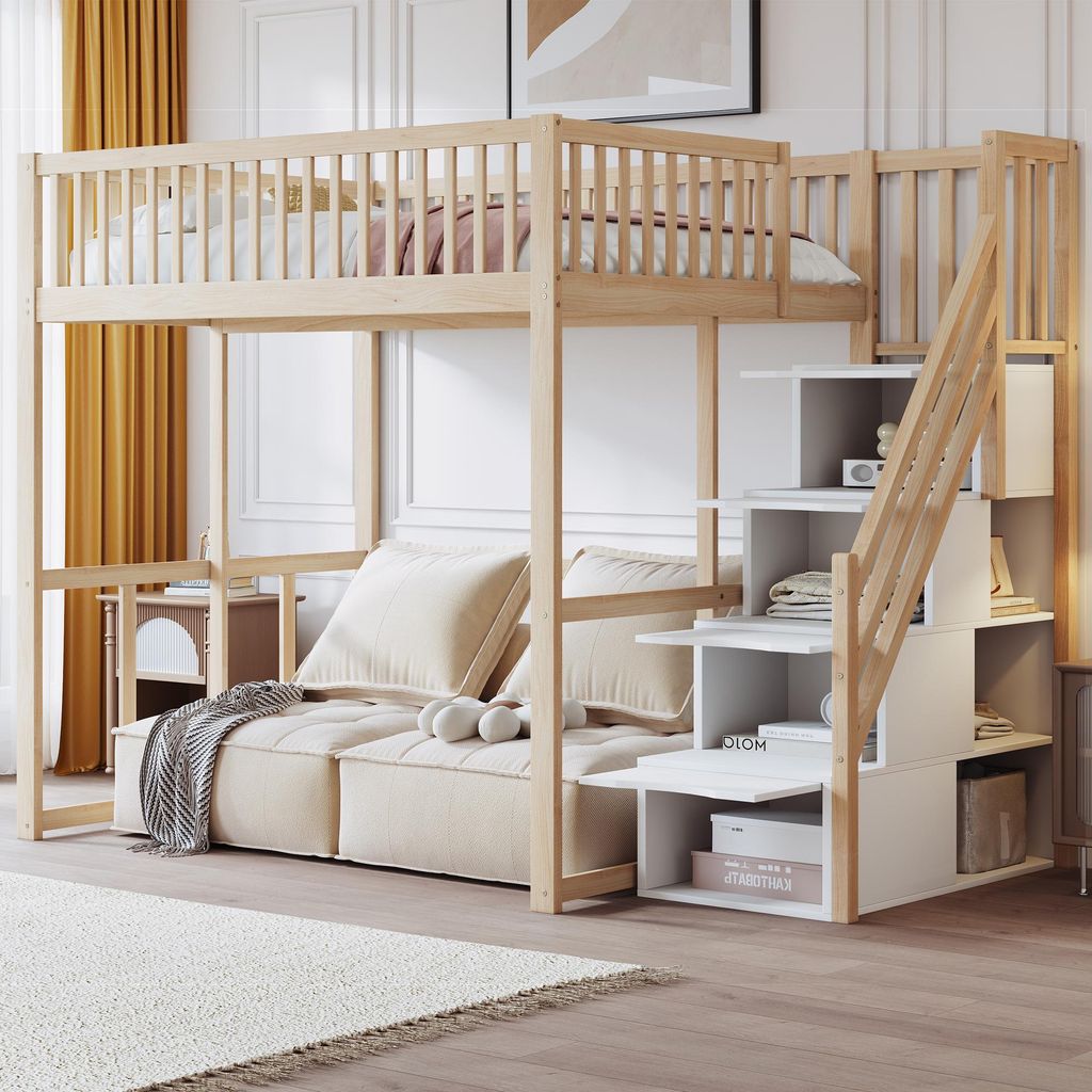 Merax Hochbett Etagenbett 140x200cm aus Massivholz Kiefer, Kiinderbett mit Stauraum-Sicherheitsleiter, viel Platz unter dem Bett, Natur