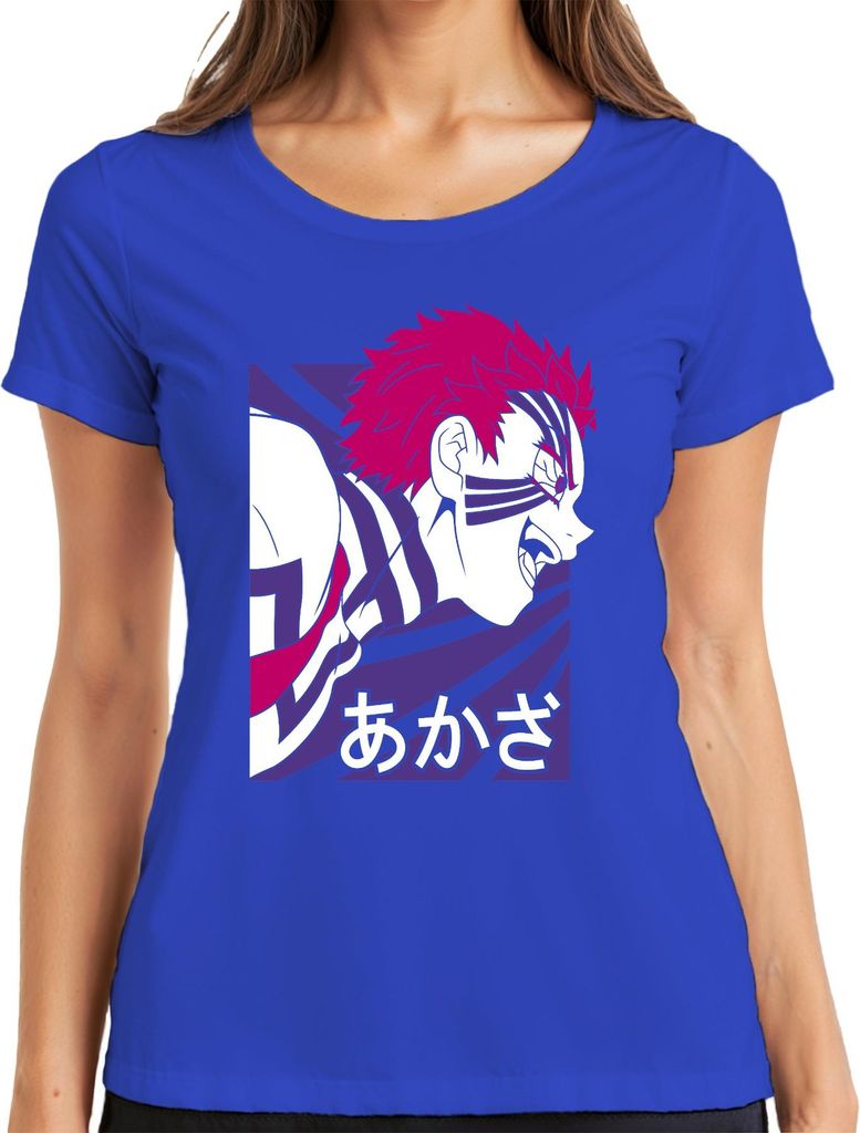 あかざ Dämon Anime Manga Gesicht Japan Fan Geschenk Japan Y2K Streetwear Damen T-Shirt, Blau, S