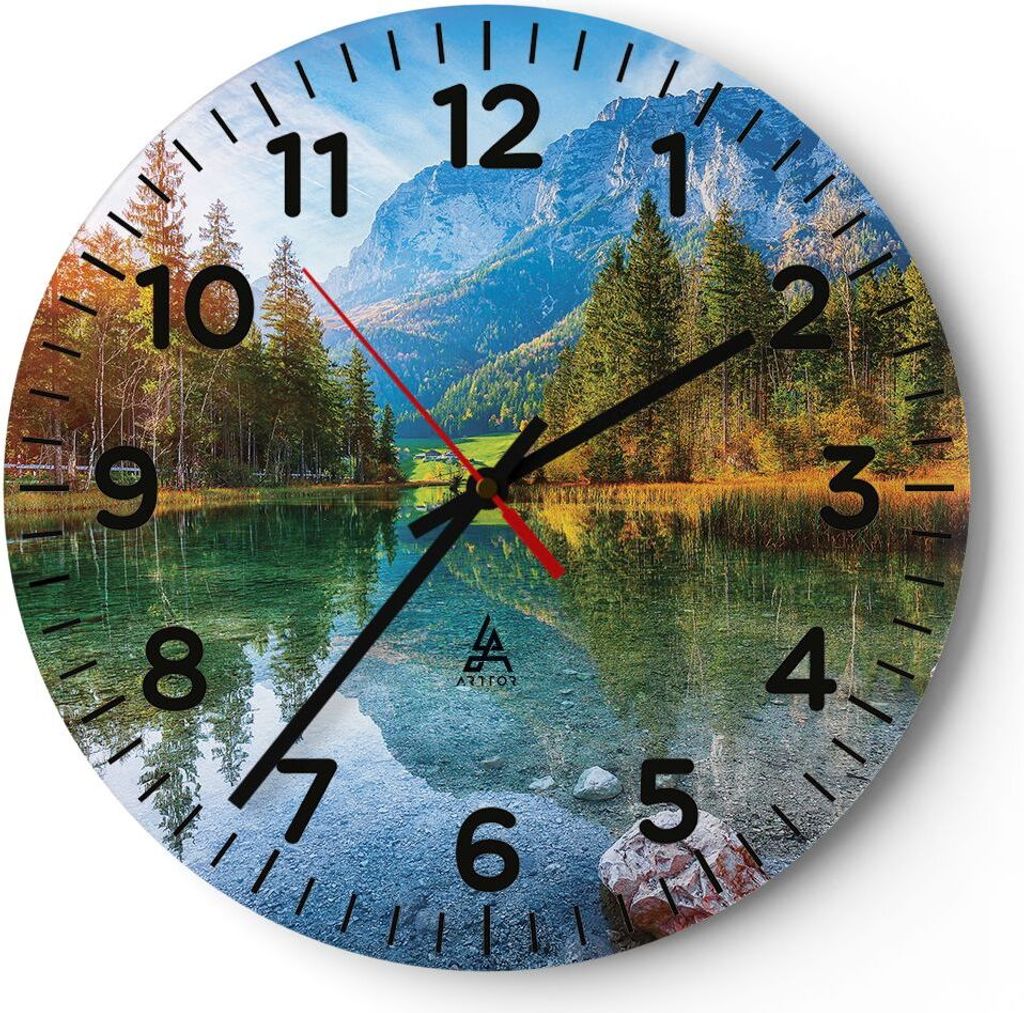 Wanduhr - Rund - Glasuhr - Landschaft Berge Morgendämmerung - 40x40cm - Schleichendes Uhrwerk - Lautlos - zum Aufhängen bereit - Dekoration Moder...