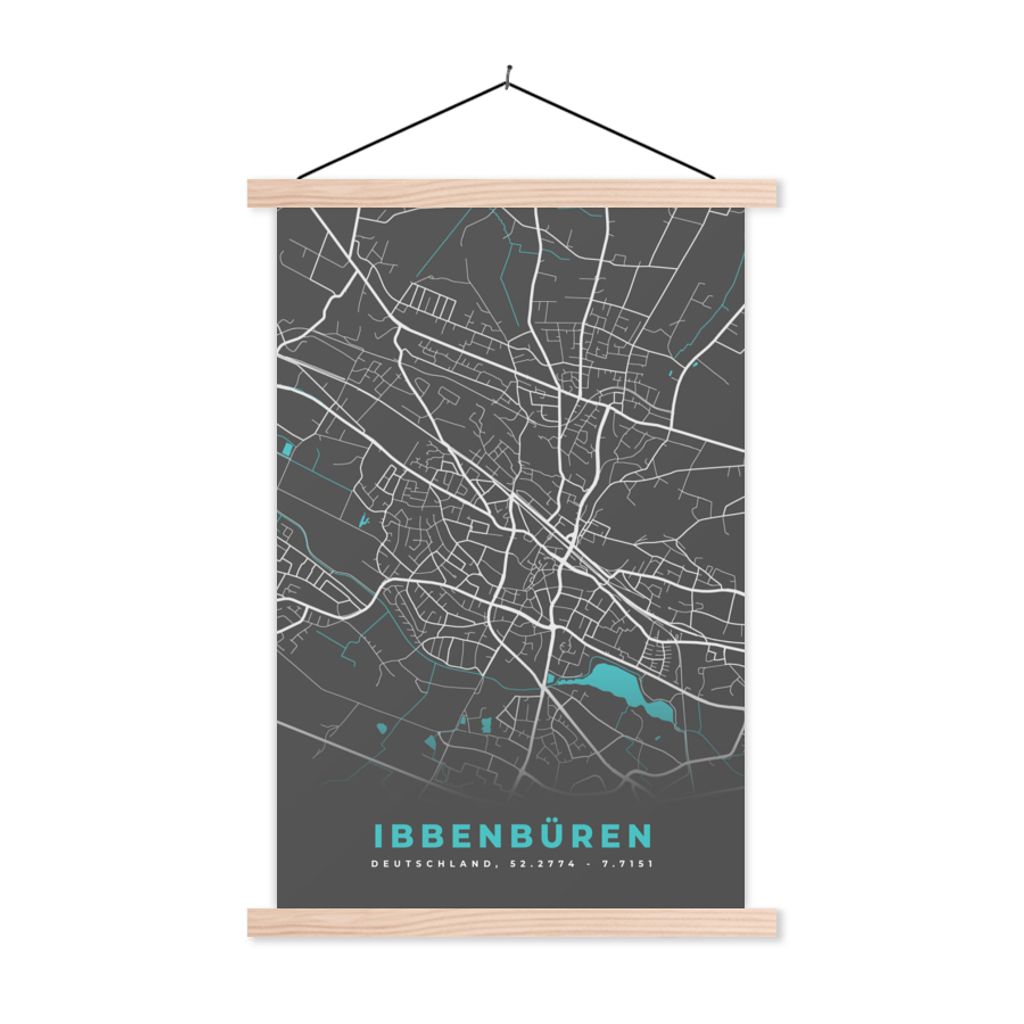MuchoWow Textilposter Ibbenbüren - Stadtplan - Blau - Karte - Deutschland 60x90 cm mit holzfarbenen Rahmen - Textil