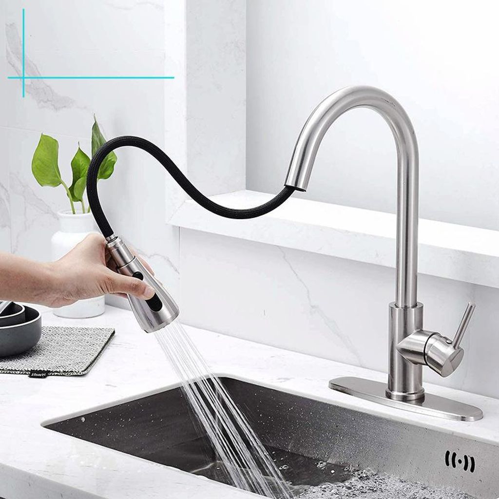 Brushed Nickel Küche Faucet Single Hole ziehen aus Spout Küche Sink Faucet Flow Rate Spray Head Chrome/Schwarz Mixer Tap Set von 1 (2pcs/set)