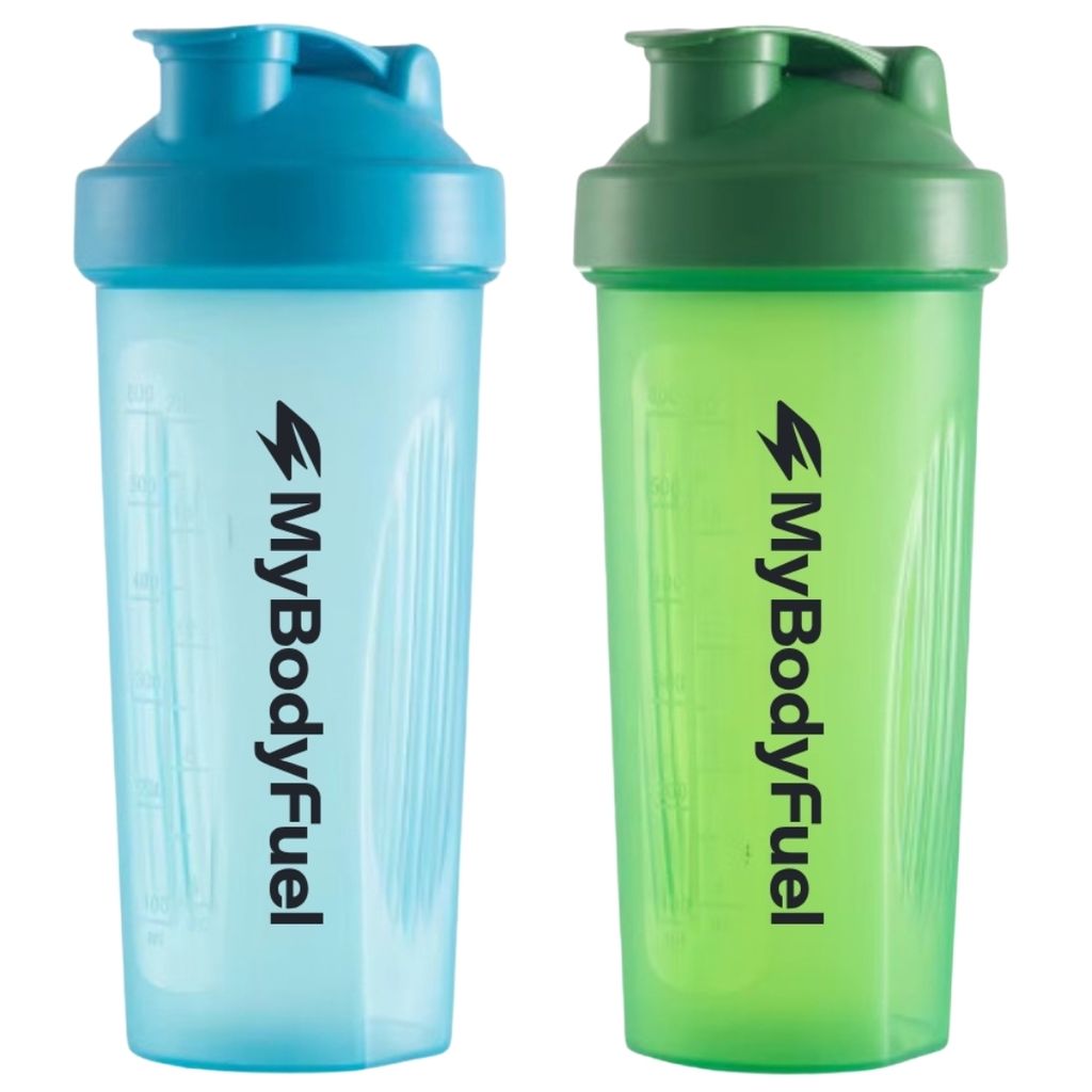 MyBodyFuel Shake Becher (2er Set) – Protein Shaker mit Mixfilter, 700 ml, BPA-frei – Für Smoothies & Proteinshakes (Blau/Grün)
