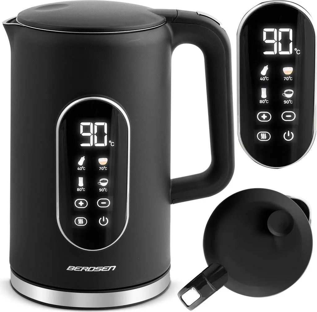 Bouilloire électrique design en inox et noir, appareil de cuisine