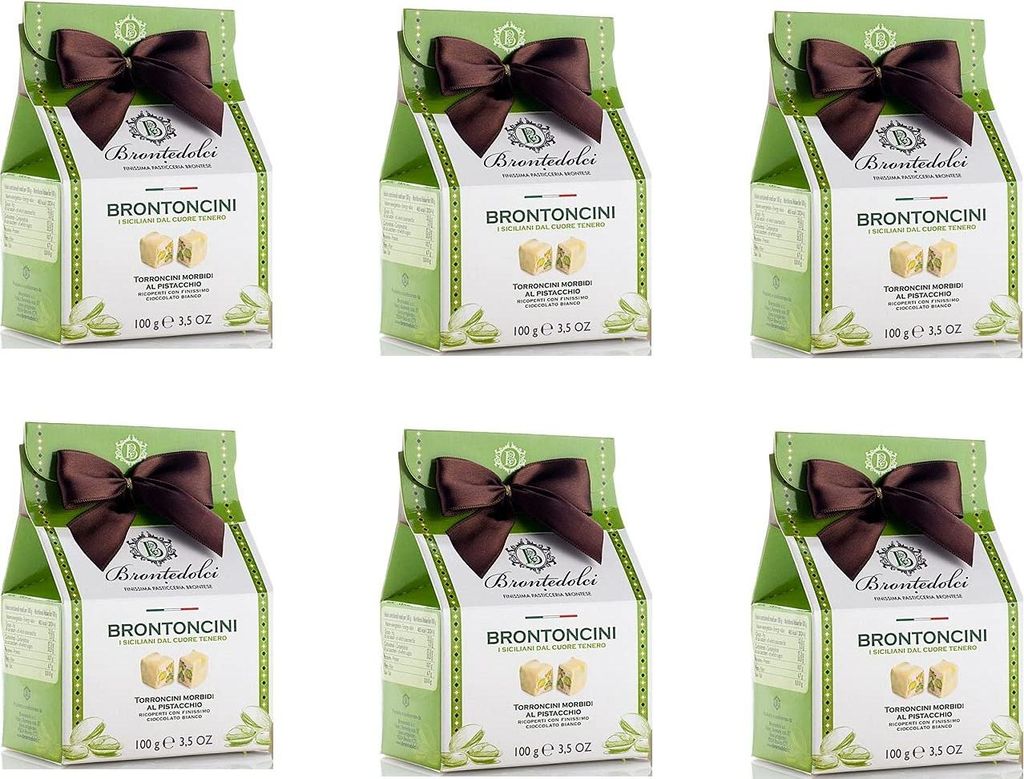 6x Brontedolci Brontoncini Torroncini Morbidi al Pistacchio Weicher Nougat mit Pistazie mit Weißer Schokolade überzogen 100g