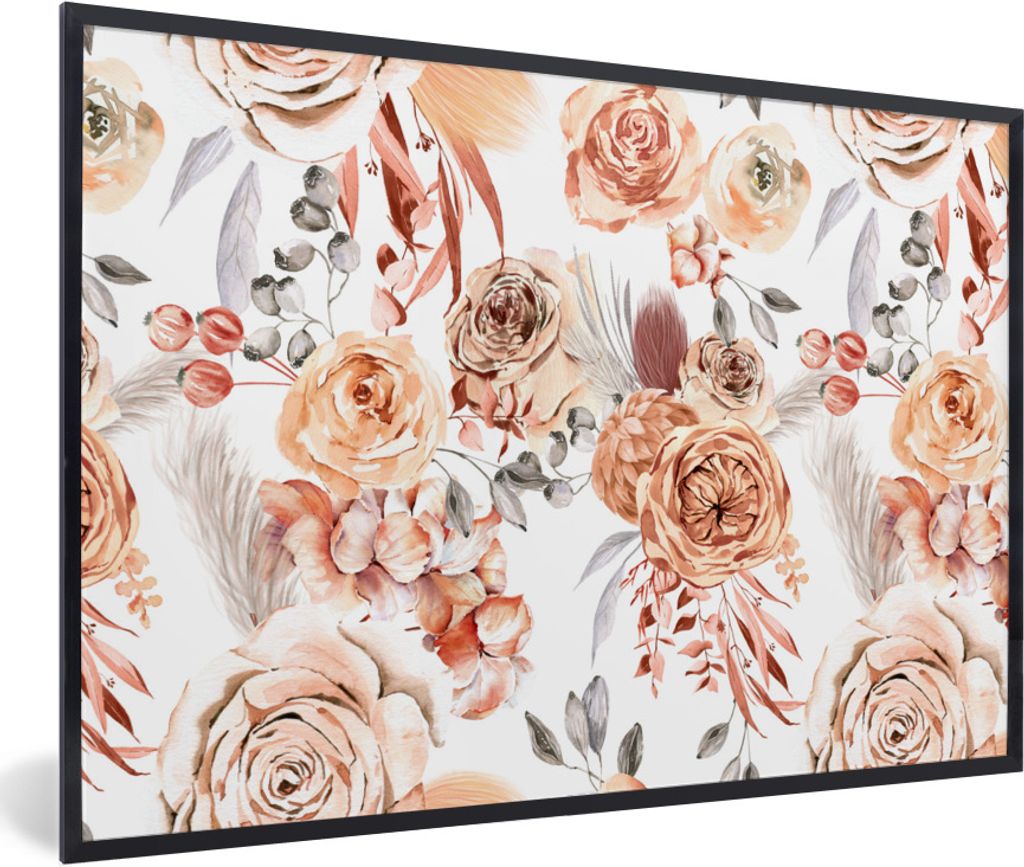 MuchoWow Gerahmtes Poster Rosen - Boho - Muster 90x60 cm - Poster mit Schwarzem Bilderrahmen Wandposter Rahmen Foto Bilder - Fotorahmen - Foto-Pl...