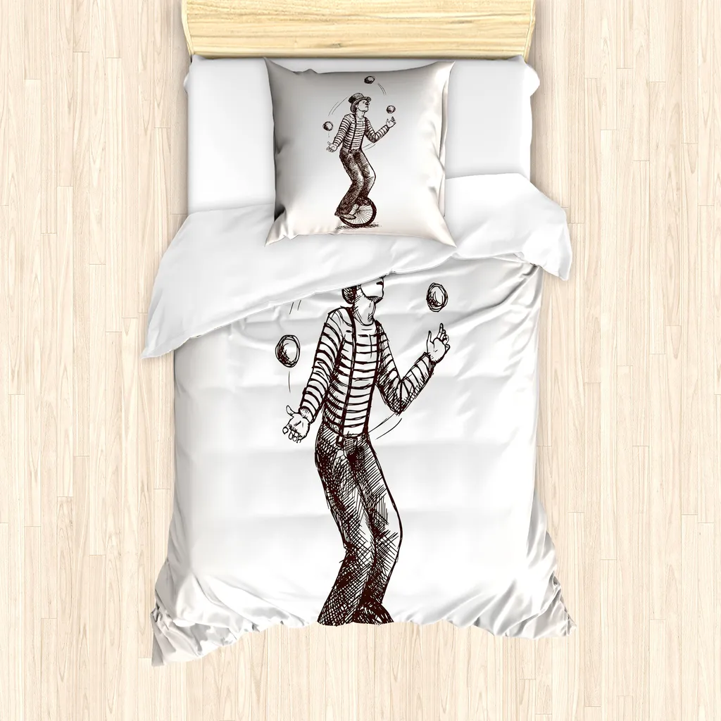 ABAKUHAUS Set copripiumino per letti singoli, clown giocoliere sulla bicicletta, antiacaro, adatto a chi soffre di allergie, con federa, 135 cm x 200 cm - 80 x 80 cm, marrone e bianco