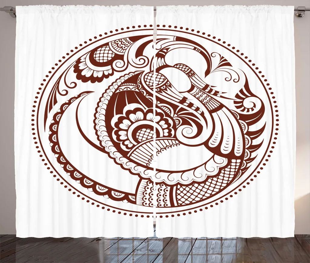 Rideau rustique rouge-brun et blanc avec motif oiseau en cercle 225cm