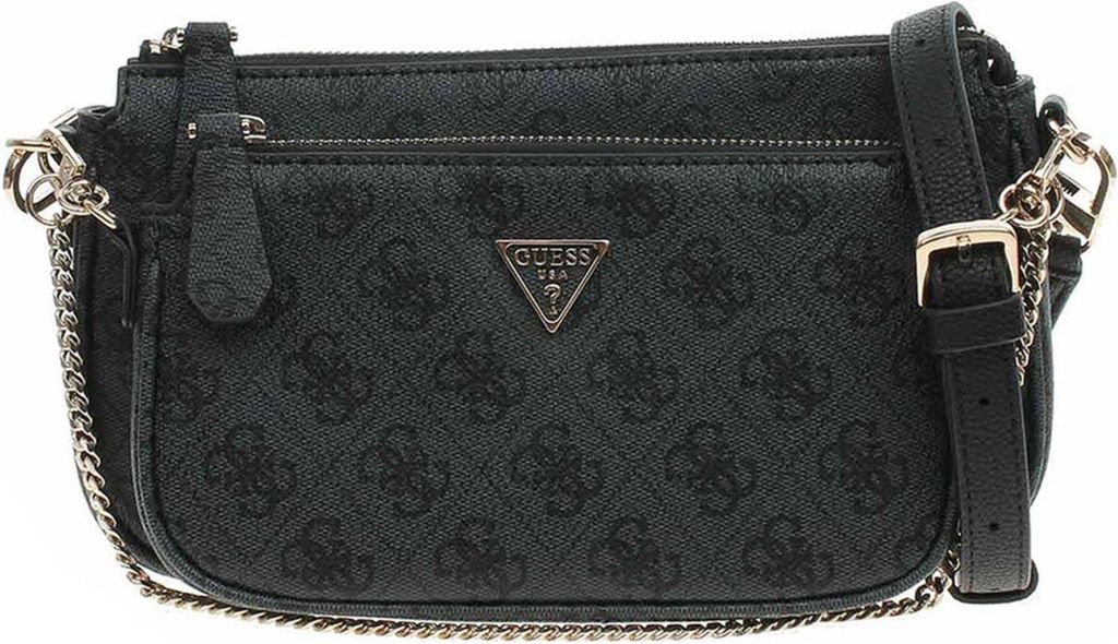 A black Guess handbag with a repeating logo pattern.