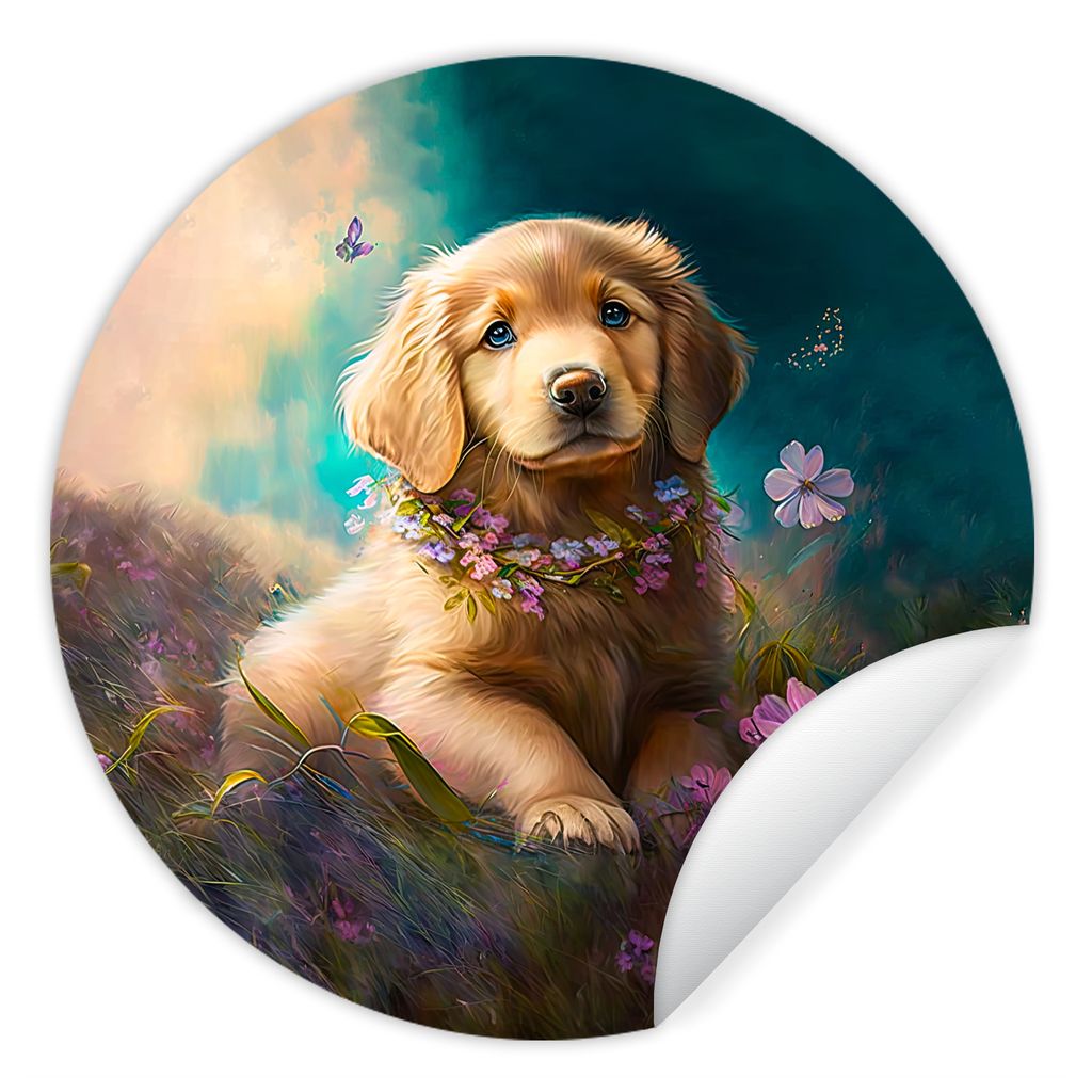 MuchoWow Runde Wandtattoo - Wandsticker Tapete Aufkleber Welpe - Blumenkranz - Schmetterling - Hund - Golden Retriever Ø 50 cm Selbstklebend und...