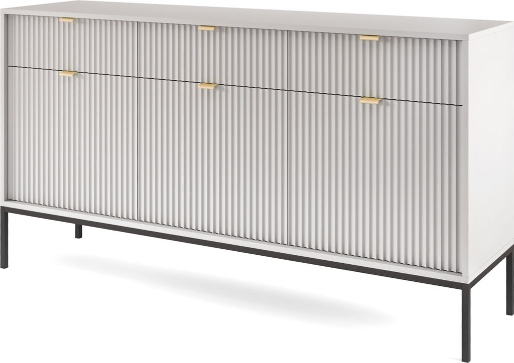 Masseno Kommode STELLARE 154 cm Sideboard mit 3 Schubladen und 3 Türen für Wohnzimmer Schlafzimmer Modern 154x39x83 cm Grau / Grau
