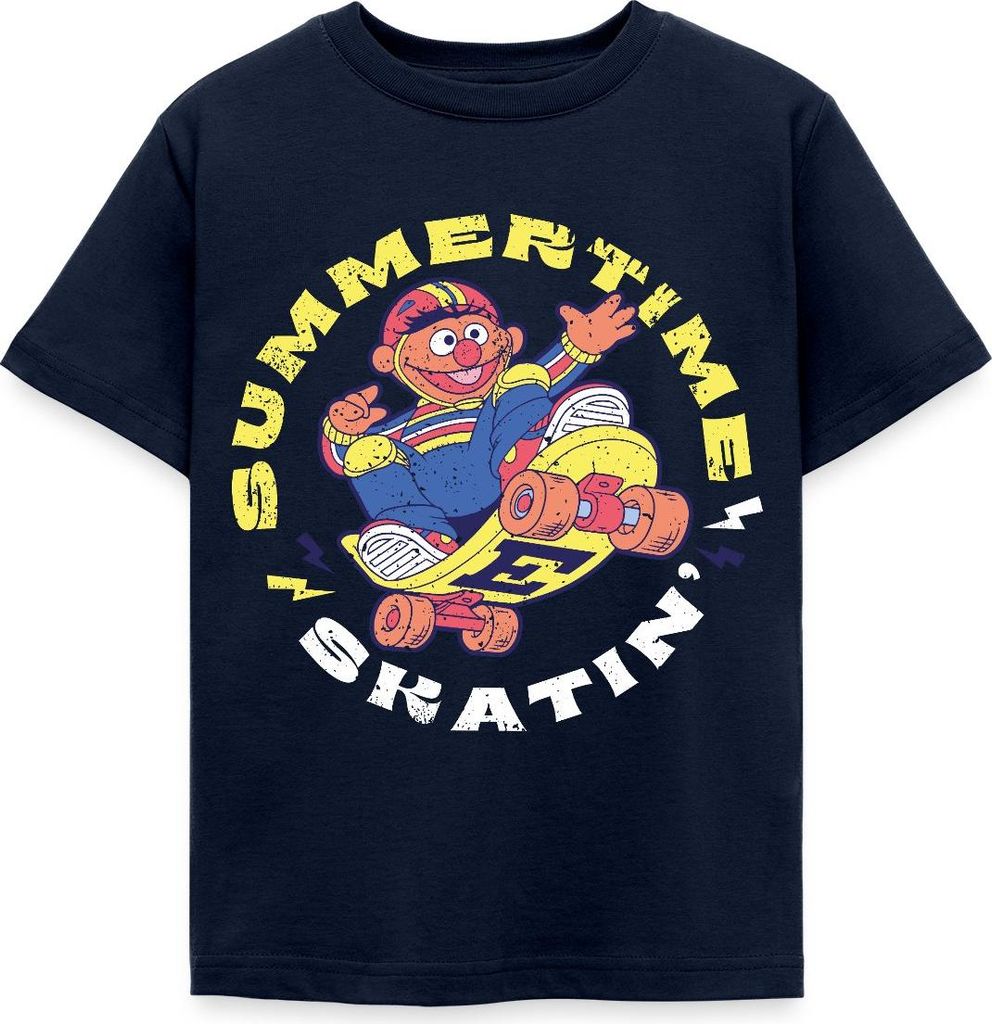 Spreadshirt Sesamstraße Ernie Summer Time Skatin' Skate Design Kinder T-Shirt, 98/104 (3-4 Jahre), Navy