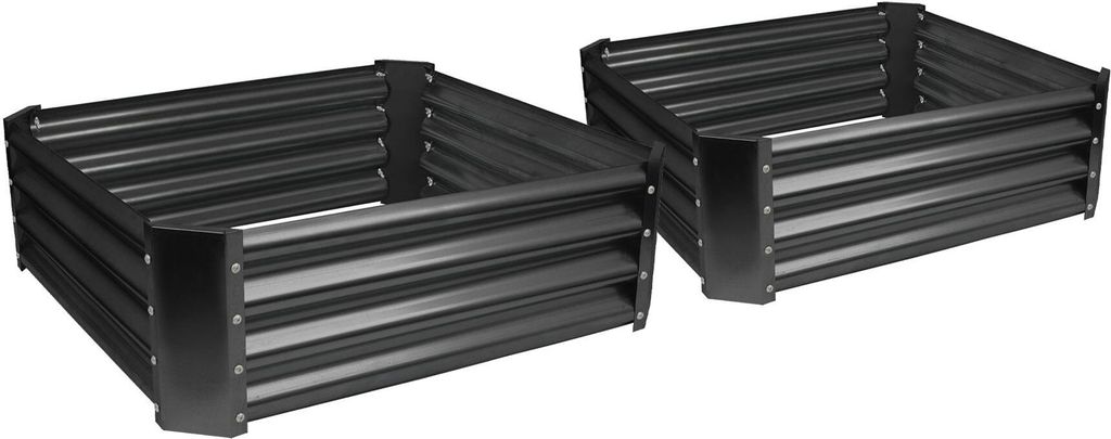 Two black metal raised garden beds are shown from a diagonal angle against a white background.