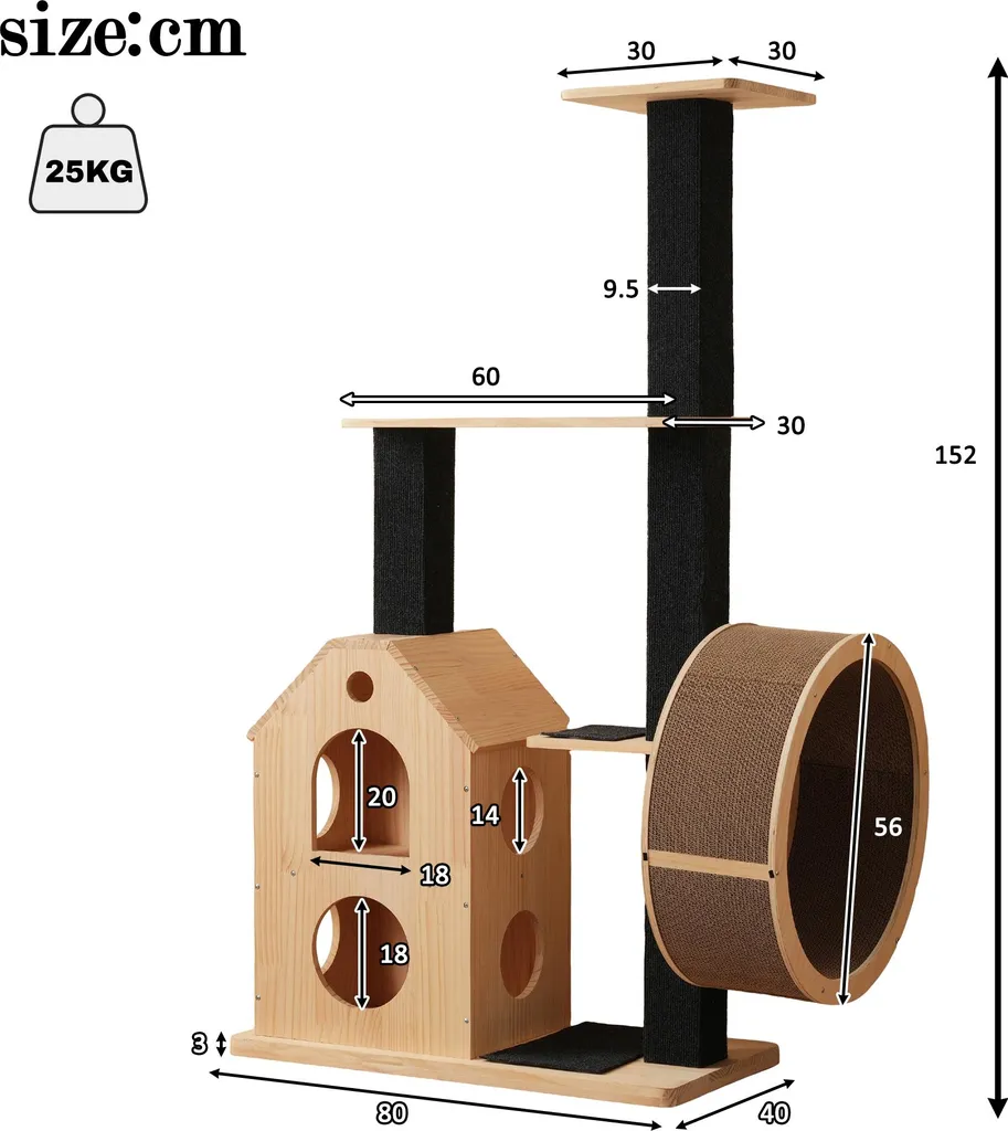Arbre à Chat Design en Bois avec Roue de Course et Griffoirs en Sisal