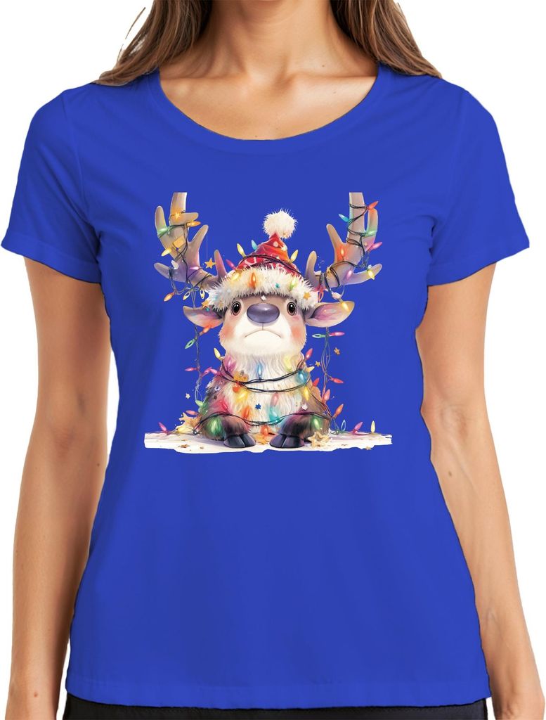 Süßes Rentier Lichterkette Weihnachten Geschenk Kinder Cartoon Damen T-Shirt, Blau, 3XL
