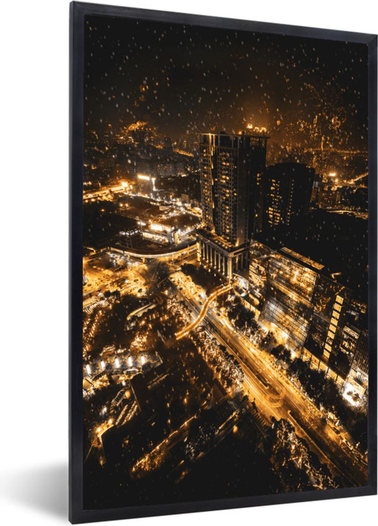 MuchoWow MuchoWow Gerahmtes Poster Schnee - Gold - Stadt 40x60 cm - Poster mit zchwarzem Bilderrahmen - Papierdruck - Wandbilder