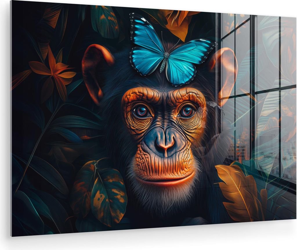 MuchoWow Glasbilder - Bilder auf Wandbild - Foto auf Glas Schimpanse - Affe - Natur - Blauer Schmetterling 90x60 cm Wanddekoration aus Glas - Acryl...