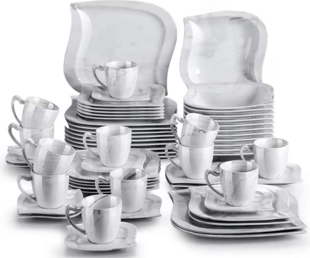Opulent Tafelservice – 12 Personen – 60-teilig – Marmorlook Keramik – Essteller – Kleine Teller