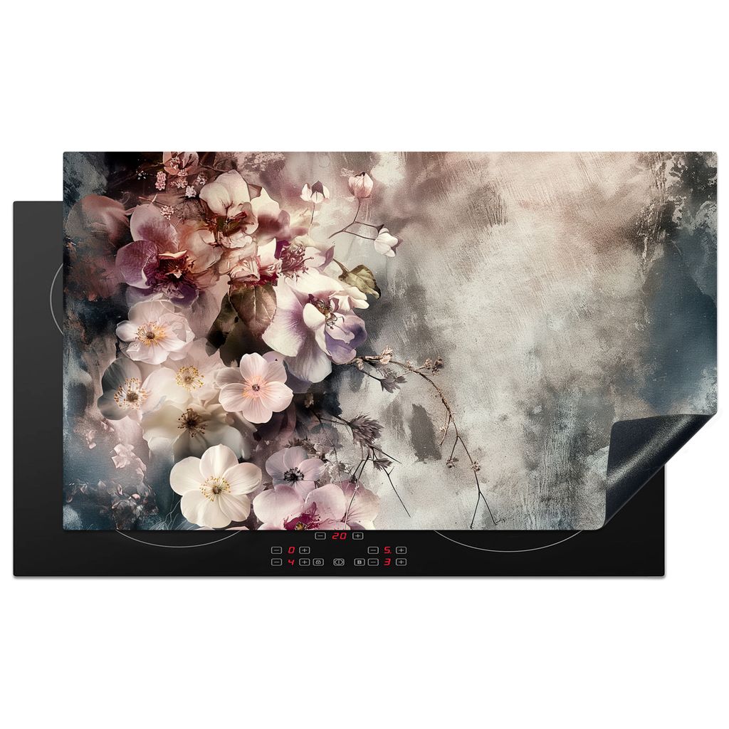 KitchenYeah Herdabdeckplatte Blumen - Rosa - Nebel , 90x52cm, Küche Deko, Glaskeramikkochfeld Herdabdeckung, Abdeckplatte fùr Kochfeld