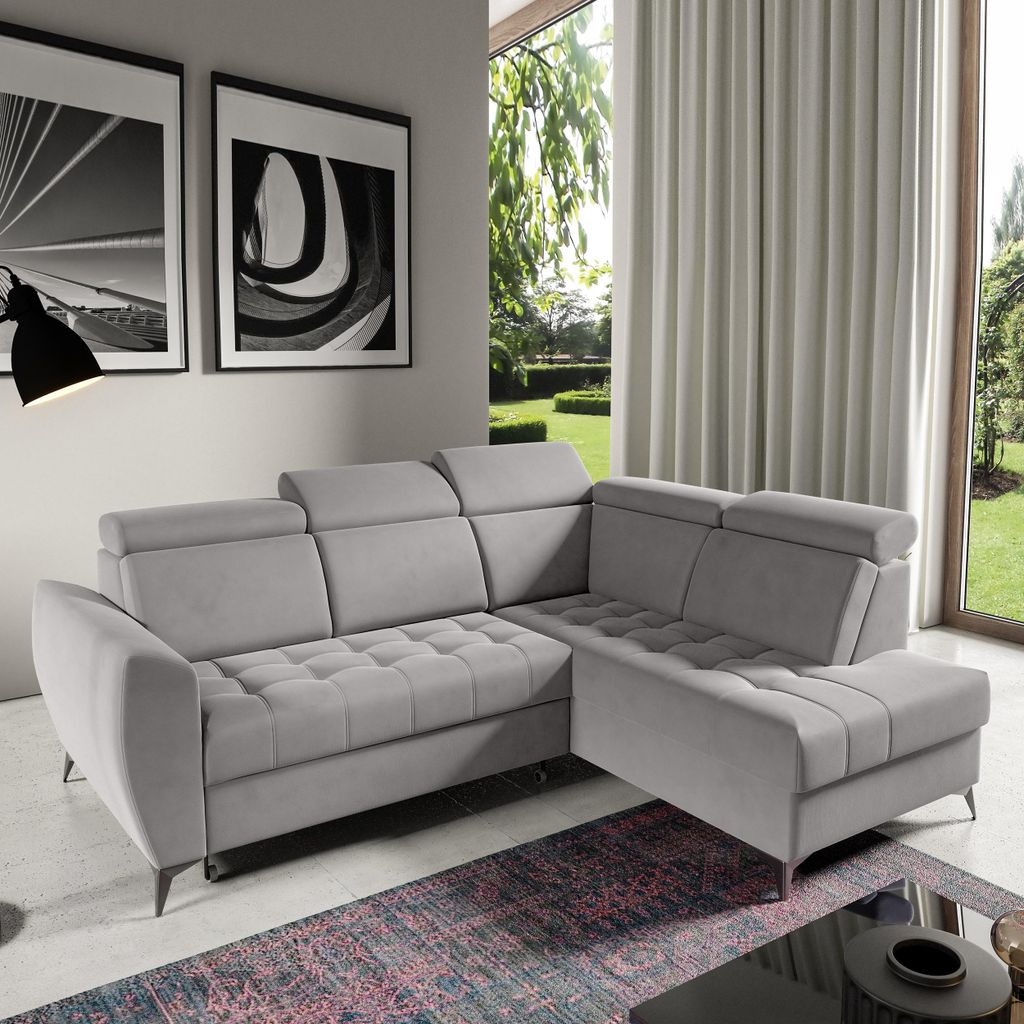 Ecksofa AURORA II L-Form Ottomane rechts, mit Schlaffunktion & Bettkasten, Hellgrau