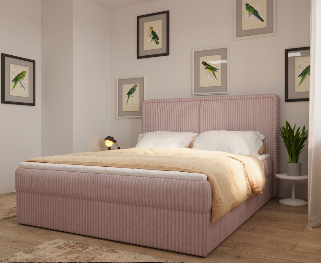 MOEBLO Boxspringbett Bett 04 – Boxspringbett aus Cord, Polsterbett Kontinentalbett Doppelbett mit Bonell-Matratze, Topper und Bettkasten (gepolst...