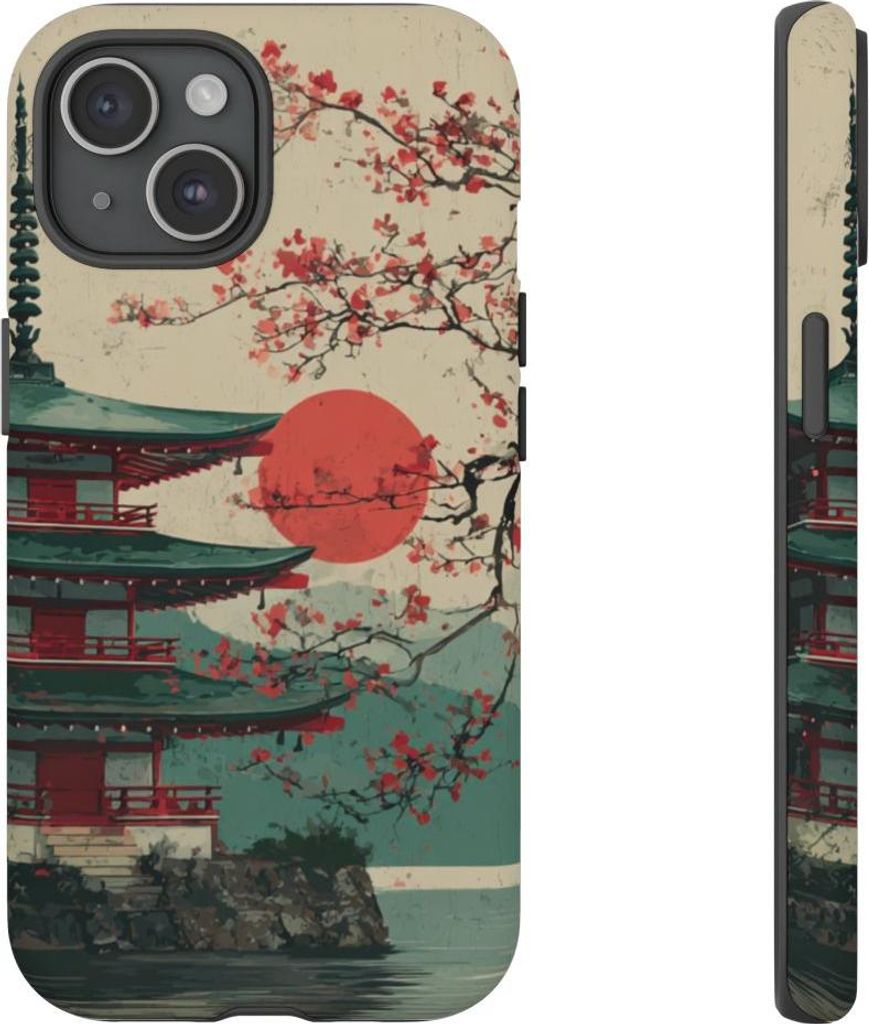 Pagode mit Kirschblüten und roter Sonne – Hülle Kompatibel mit iPhone 15
