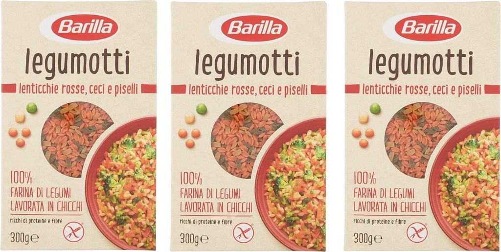 3x Barilla Legumotti Lenticchie Rosse Ceci e Piselli Rote Linsen, Kichererbsen und Erbsen Reich an Eiweiß und Ballaststoffen Glutenfrei 300g