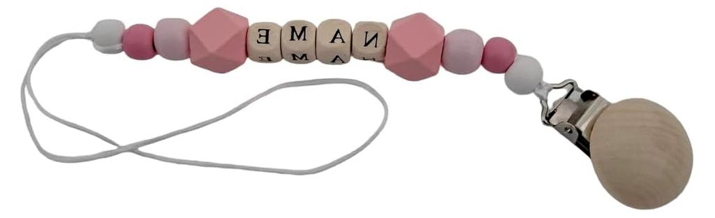 Individuell gestaltbare Schnullerkette, Schnullerhalter mit Namen, personalisiertes Geschenk zur Geburt und Schwangerschaft.