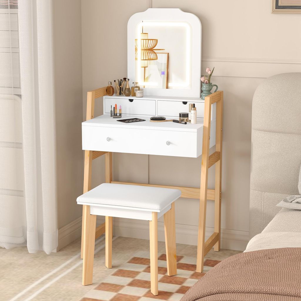 Produktbild von COSTWAY Schminktisch Frisiertisch Set Mit Klappspiegel Und 3 Schubladen Frisierkommode Kosmetiktisch Mit Gepolstertem Hocker Waschtisc Make Up Tisch Weiss 39653484