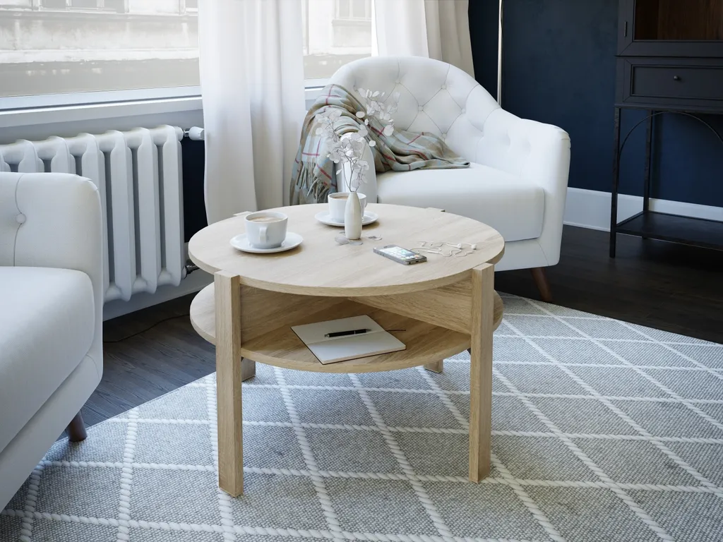 Table basse TOBAGO ronde en chêne Sonoma 74 cm avec plateau résistant
