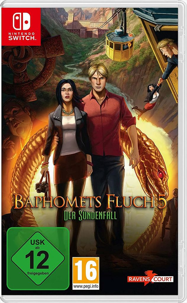 Cover art for a video game titled "Baphomets Fluch 5: Der Sündenfall" for Nintendo Switch.